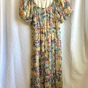 Yellow Floral Spring Easter Dress Puff Sleeves Chiffon
